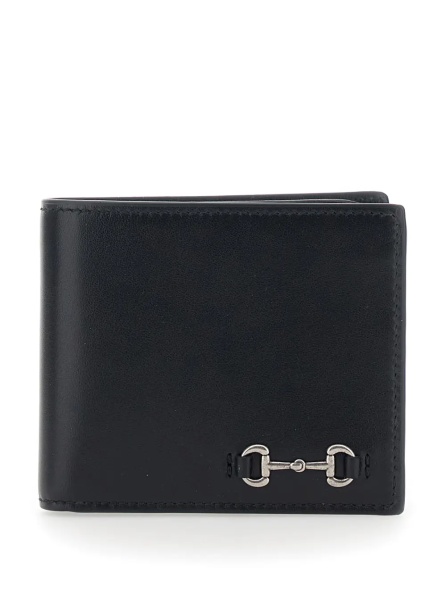 Portofele Bi-Fold Wallet with Horsebit on the Front and Logo Imprinted Inside in Black Leather for Men