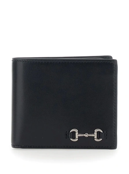 Portofele Bi-Fold Wallet with Horsebit on the Front and Logo Imprinted Inside in Black Leather for Men