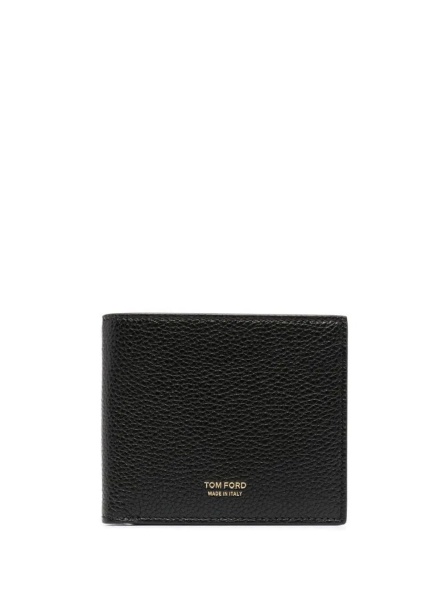 Portofele Black Leather Bi-Fold Wallet with Gold Embossed Logo for Men