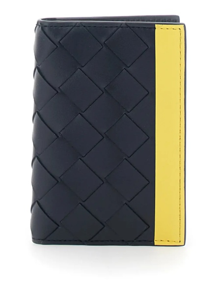 Portofele Blue Cardholder with Intreccio design and yellow stripe in leather for men