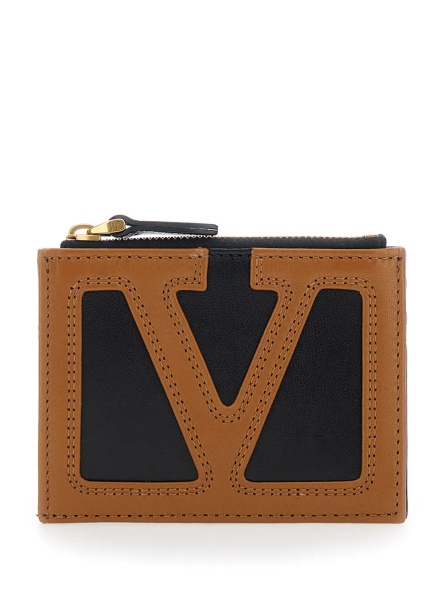 Portofele Brown Card holder with Contrasting Maxi VLogo on the Front and Coin Purse with Zip in Leather for Men