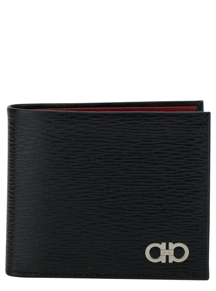 Portofele Wallet 'Revival' Gancini with Double Hook in Grained Black Leather for Men