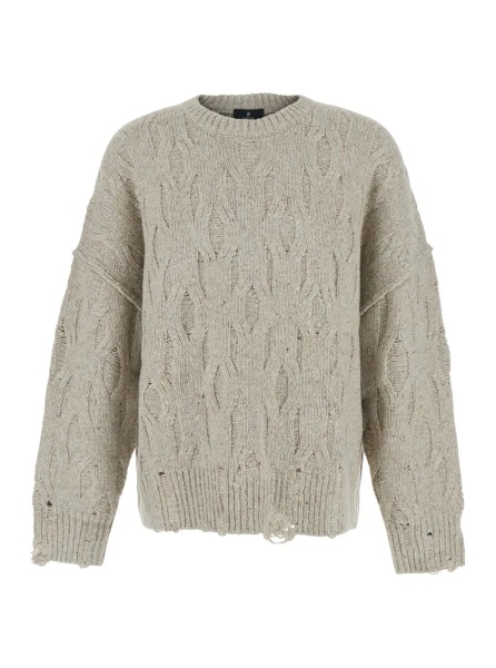 Pulover Beige Crewneck sweater with distressed effect and logo patch on the back in Tech Fabric for men