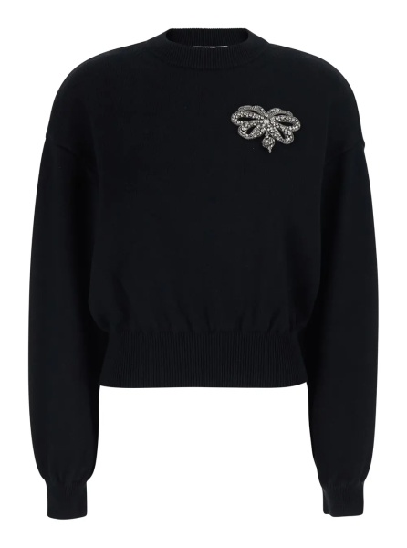 Pulover Black Crew Neck Sweater with Crystals Applied on the Front in Wool and Cotton Blend Women