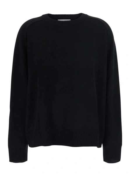 Pulover black crew neck sweater with ribbed knit in cotton blend Women