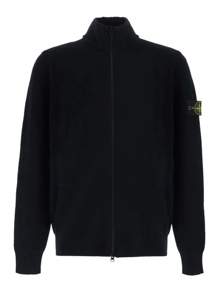 Pulover black Sweater with high collar and logo patch on the sleeve in virgin wool for men