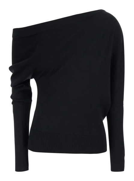 Pulover Black Sweater with off-shoulder design and long sleeves in black wool and silk for women