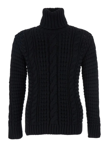 Pulover Black Turtleneck Jumper with Cable Knit and Logo Patch on the Sleeve in Merino Wool Woman