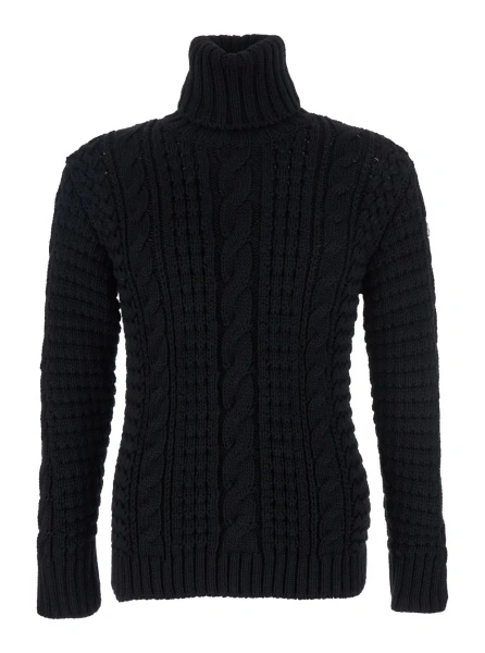 Pulover Black Turtleneck Jumper with Cable Knit and Logo Patch on the Sleeve in Merino Wool Woman