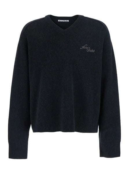 Pulover Black V-neck sweater with logo lettering on the front in wool blend men