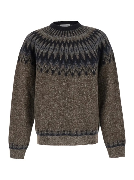 Pulover Brown Crewneck Sweater with Jacquard Motif in Alpaca and Wool for Men