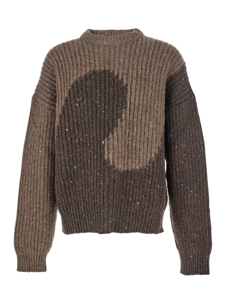 Pulover Brown Knit Crewneck Sweater with Bicolor Motif in Wool Blend Man
