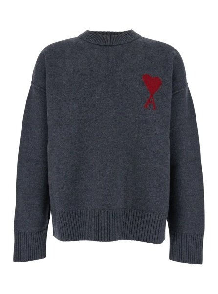 Pulover Crewneck Sweater with Dropped Shoulders and ADC Embroidery on the Front in Gray Wool for Men