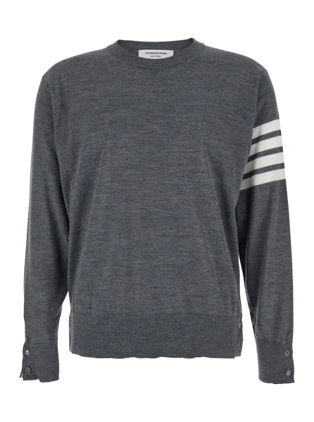 Pulover Grey Crew Neck Sweater with 4-Bar Detail in Virgin Wool for Men
