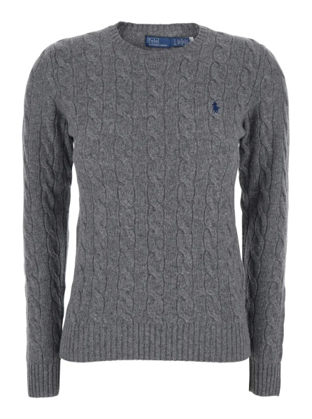 Pulover Grey Crewneck Sweater with Pony Embroidery on the Front and Cable Knit in Wool and Cashmere for Women