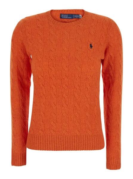 Pulover 'Julianna' Orange crew neck Sweater with cable knit and Pony on the front in wool and cashmere for women
