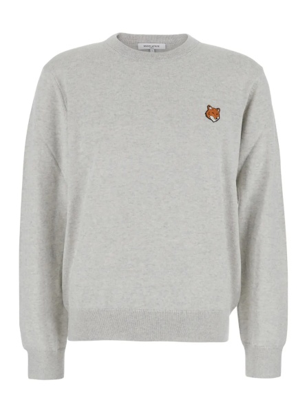 Pulover MAISON KITSUNÉ Grey Crew Neck Sweater with Fox Patch on the Front in Wool Man