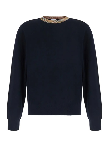 Pulover 'Michael' Blue Crew Neck Sweater with Check Motif on the Neck in Wool for Men