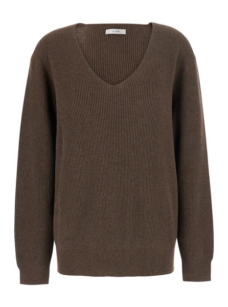 Pulover 'Phef' brown Sweater with ribbed design and V-neck in cotton and Cashmere Women