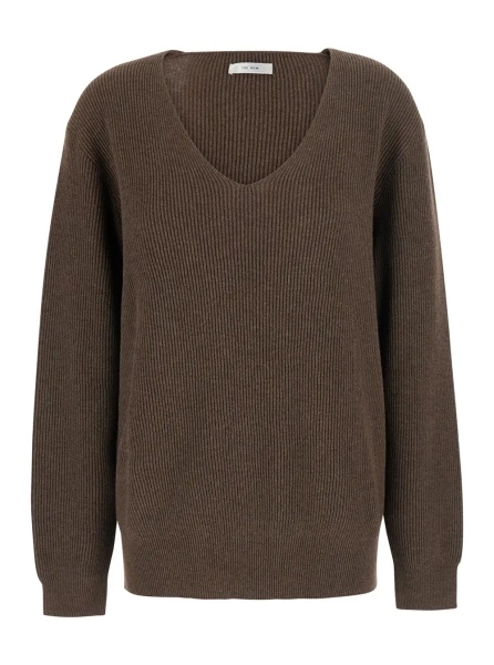 Pulover 'Phef' brown Sweater with ribbed design and V-neck in cotton and Cashmere Women