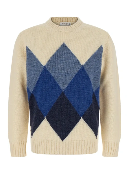Pulover ROUND NECK DIAMONDS with crew neck and long sleeves in Shetland Wool Beige Men