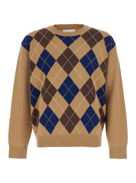 Pulover UNISEX ARGYLE CREW NECK SWEATER with diamond details and Beige Wool Unisex