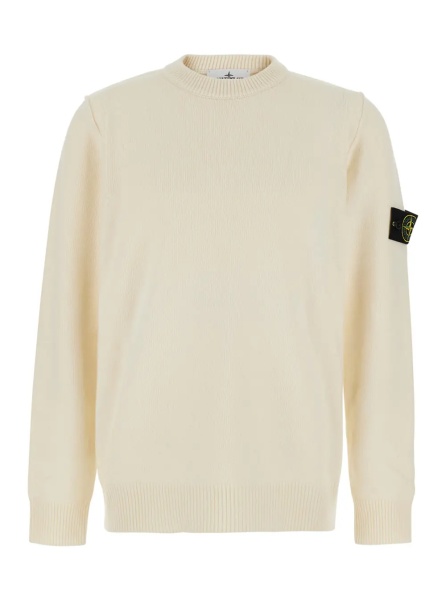 Pulover White Crewneck sweater with logo patch on the sleeve in wool for men