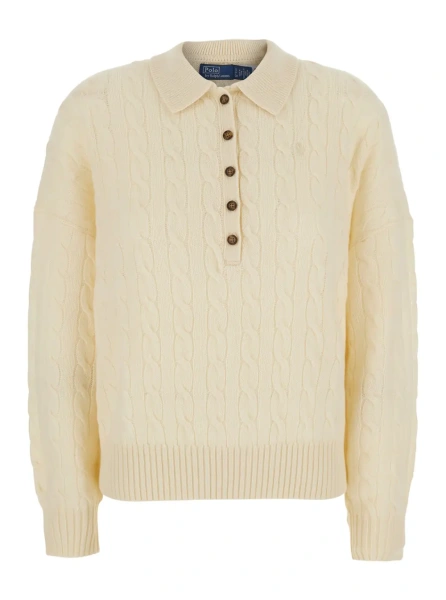 Pulover White Sweater with classic collar and cable knit in wool and cashmere for women