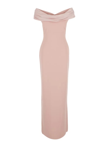 Rochii 'Adele' Pink long dress with Off-shoulder design and Draped Neckline in Tech Fabric for women
