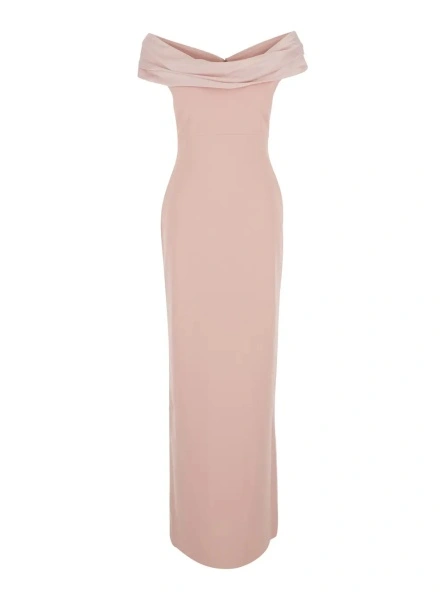 Rochii 'Adele' Pink long dress with Off-shoulder design and Draped Neckline in Tech Fabric for women