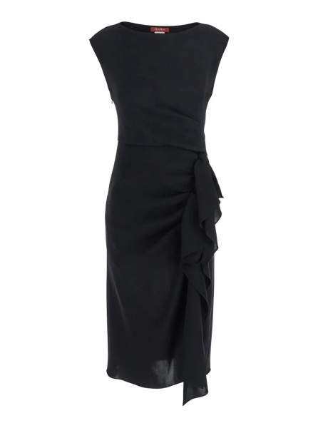 Rochii 'Aia' Black Dress with Boat Neckline and Draped Detail on the Side in Tech Fabric Woman