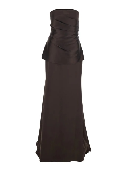 Rochii 'Alia' Brown Long Dress with Straight Neckline and Flared Design in Tech Fabric Women