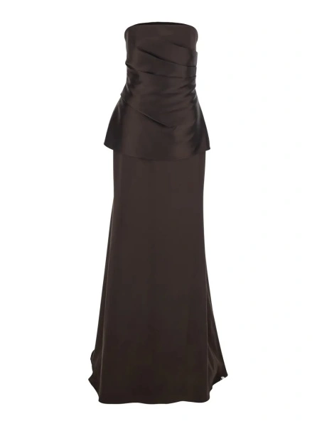 Rochii 'Alia' Brown Long Dress with Straight Neckline and Flared Design in Tech Fabric Women