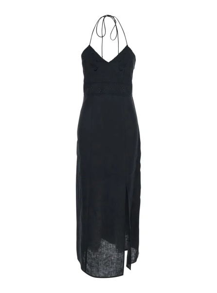 Rochii Black Long Dress with V-Neck and Embroidery Details in Linen for Women