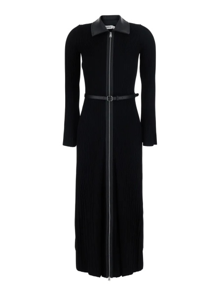 Rochii Black Shirt Collar Dress with Waist Belt in Viscose Women