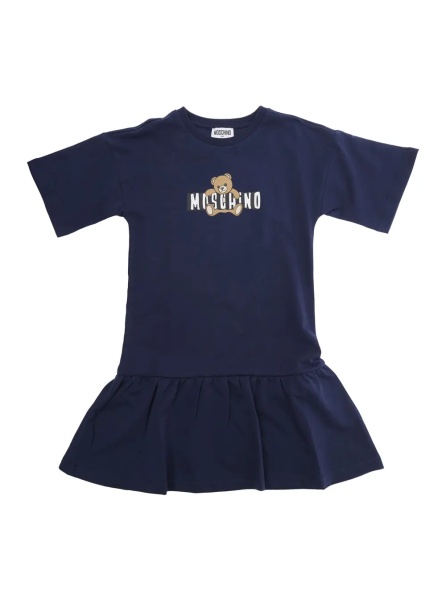 Rochii Blue Crew Neck Dress with Logo on the Front in Cotton Girl
