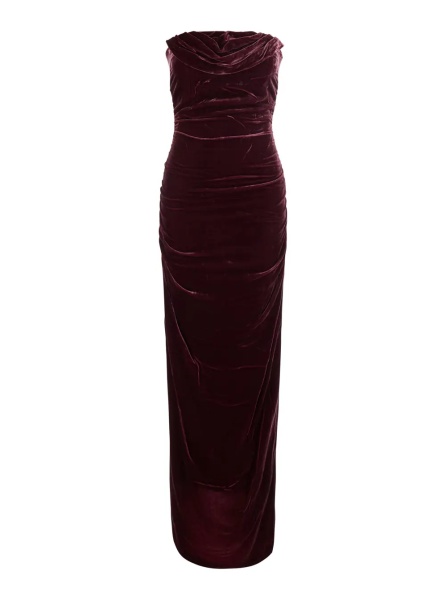 Rochii Bordeaux Long Sleeveless Dress with Ruffles in Velvet for Women