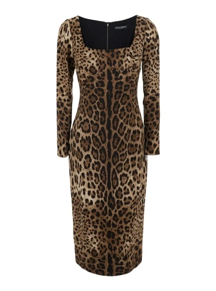 Rochii Brown Midi Dress with Square Neckline and All-Over Leopard Motif in Stretch Viscose for Women