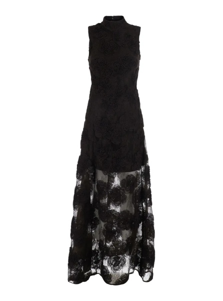 Rochii Brown sleeveless long dress with high collar and all-over floral embroidery in Tech Fabric for women