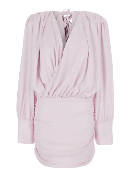 Rochii Dress with Deep V-Neck and Draped Design in Pink Silk for Women