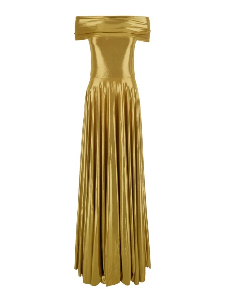 Rochii gold colored Long dress with boat neckline and pleated skirt in Tech Fabric women