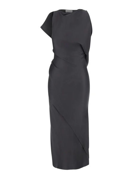 Rochii Grey Sleeveless Long Dress with Draping in Acetate and Viscose Women