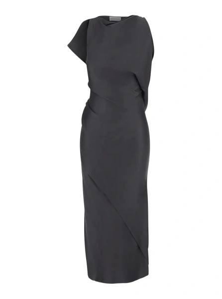 Rochii Grey Sleeveless Long Dress with Draping in Acetate and Viscose Women
