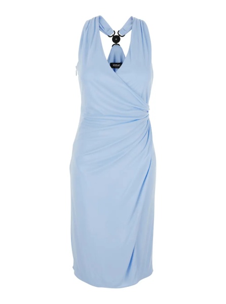 Rochii Light Blue Midi Dress with V-neck and Medusa Plaque on the Back in Viscose for Women