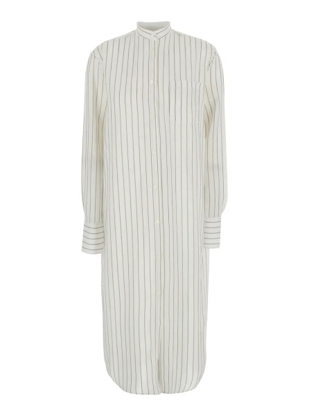 Rochii TOTÊME White Dress with a round neckline and a patch pocket on the front and all-over striped motif in viscose blend for women