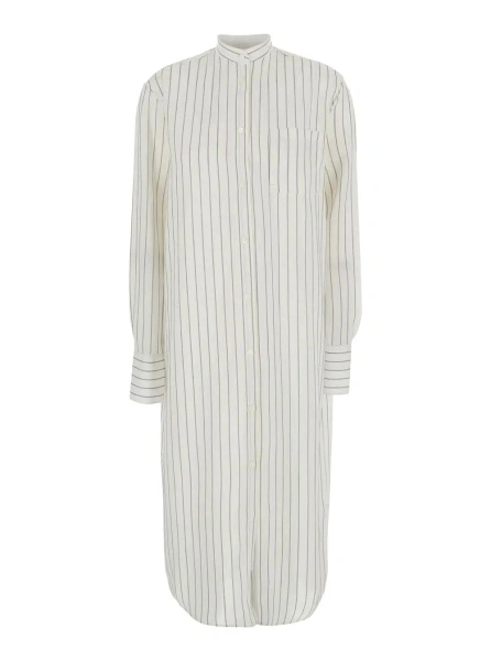 Rochii TOTÊME White Dress with a round neckline and a patch pocket on the front and all-over striped motif in viscose blend for women