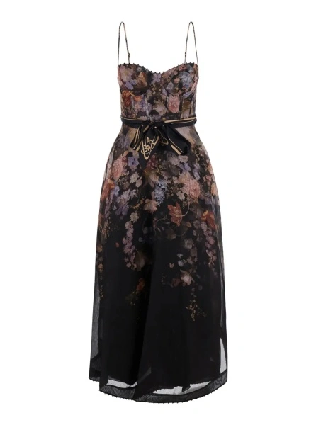 Rochii 'Valiant' black Dress with Spaghetti straps and all-over floral print in linen and silk blend for women