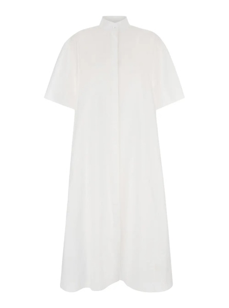 Rochii White Maxi Chemisier Dress with Stand-Up Collar in Cotton for Women