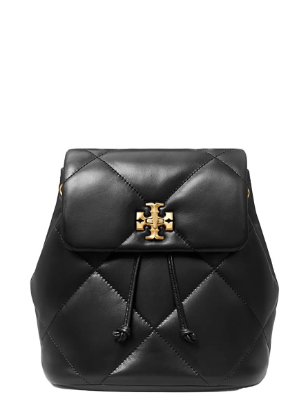 Rucsac Backpack 'Kira' with Metal Logo Plate on Front in Black Quilted Leather for Women