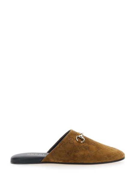 Saboti Brown Mule with Horsebit on the Front and All-Over GG Motif in Suede Woman
